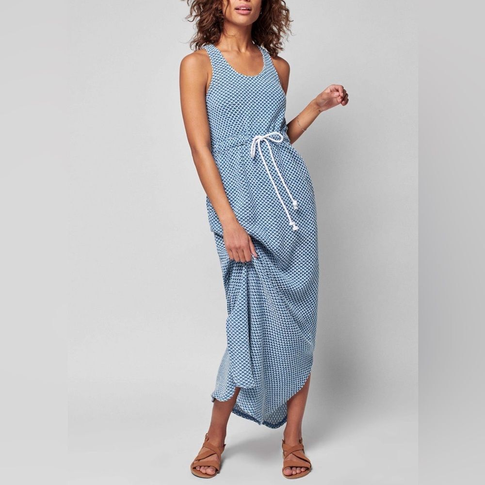 Faherty Marina Scoop Neck Cotton Maxi Dress in Blue Fishscale S NWOT